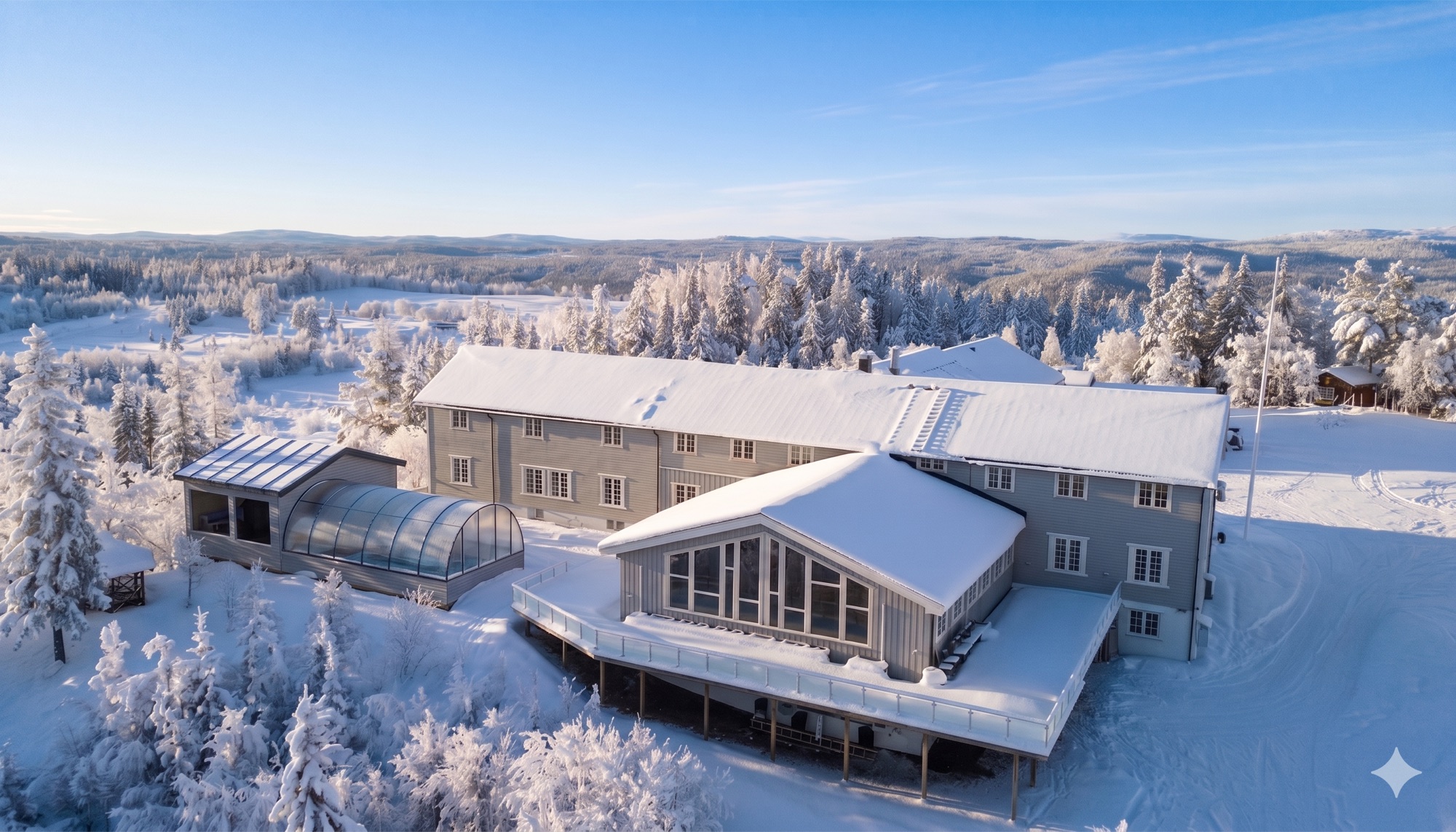 Liatoppen fra luften om vinteren — utendørs basseng under glasskuppel, sauna og terrasse, omgitt av frostede furuer og Hallingdals-landskapet