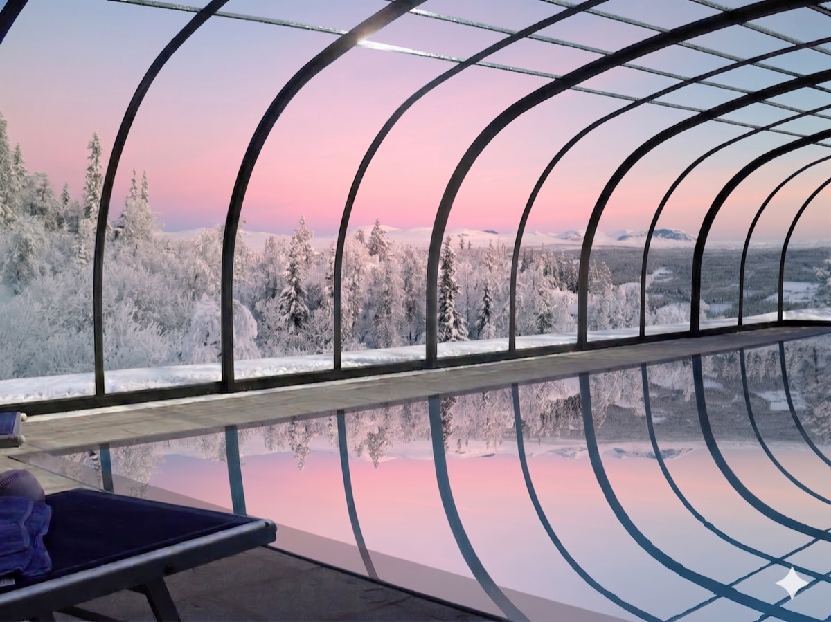 Oppvarmet basseng under glasskuppel med rosa vintersolnedgang over fjellene